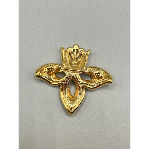 Swarovski Swan Signed Orchid Brooch Gold Tone & Clear Crystals Flower Pin - Picture 5 of 7